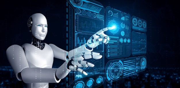 AI humanoid robot touching virtual hologram screen showing concept of big data