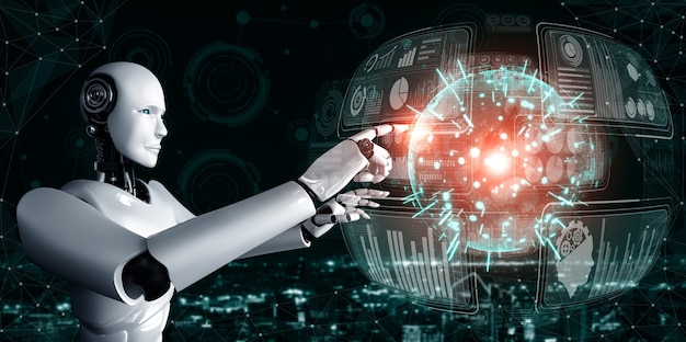 AI humanoid robot touching virtual hologram screen showing concept of big data