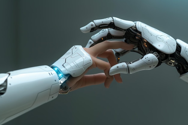 AI Machine learning Hands of robot and human touching on big data network connection Data exchange deep learning Generative AI