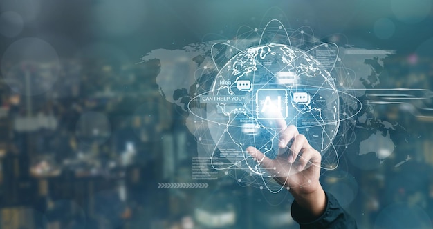AI machine learning of the future hands touching AI data graph and chat bot that communicates with technology's automated messages on the background of big data network connection