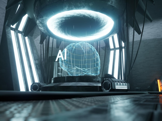 AI neural network brain, cloud computing and coding process processing big data, disruptive technology. Artificial intelligence concept with dataset, deep learning. 3d render animation.