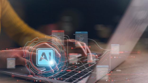AI or Artificial intelligence concept Businessman using computer use ai to help business and used in daily life Digital Transformation Internet of Things Artificial intelligence brain