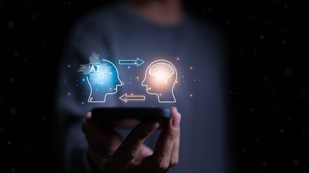 AI prompt generator concept Chat with AI Artificial Intelligence by enter command prompt for generates Man using smartphone for work Chatting with an intelligent ai asks for the answers he wants