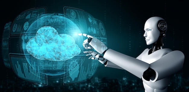 AI robot using cloud computing technology to store data on online server . Futuristic concept of cloud information storage analyzed by machine learning process . 3D rendering illustration .