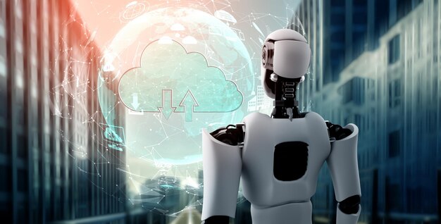 AI robot using cloud computing technology to store data on online server . Futuristic concept of cloud information storage analyzed by machine learning process . 3D rendering illustration .