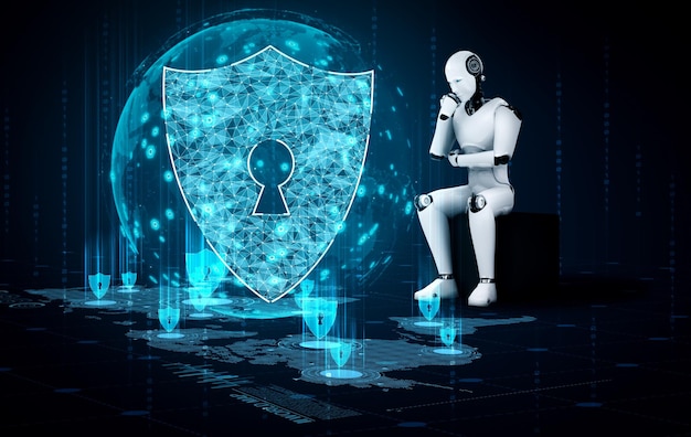 ai robot using cyber security to protect information privacy . futuristic concept of cybercrime prevention by artificial intelligence and machine learning process . 3d rendering illustration .