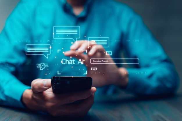 Ai tech Business person show virtual graphic Global Internet connect Chatgpt Chat with AI Artificial Intelligence using command prompt for generates something Futuristic technology transformation