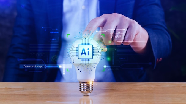 Ai tech Businessman using virtual graphic Global Internet connect Chatgpt Chat with AI Artificial Intelligence using command prompt for generates something Futuristic technology transformation