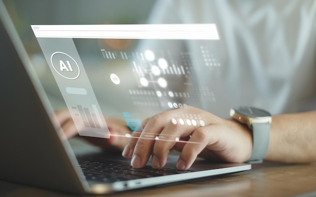 Ai tech Chatbot with AI Artificial Intelligence search engine businessman using laptop connectio