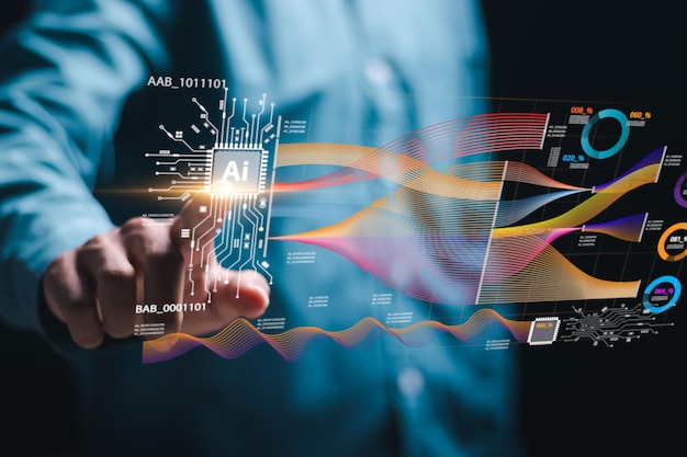 Ai tech concept businessman touching with Ai tools for artificial intelligence use analytics automation and autonomous brain big data management