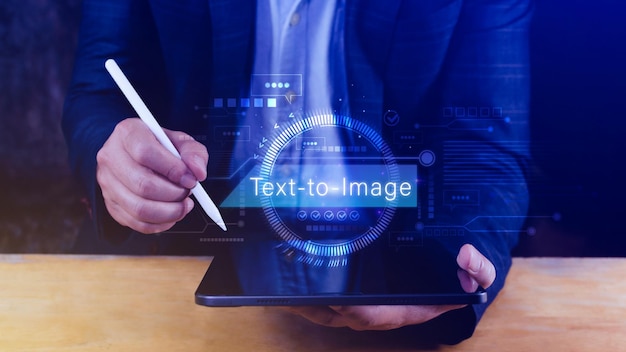 Ai tech Text to image virtual graphic with AI Artificial Intelligence using command prompt for generates something Futuristic technology transformation