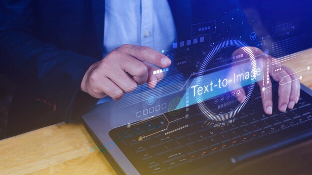 Ai tech Text to image virtual graphic with AI Artificial Intelligence using command prompt for generates something Futuristic technology transformation