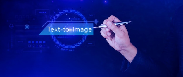 Ai tech Text to image virtual graphic with AI Artificial Intelligence using command prompt for generates something Futuristic technology transformation