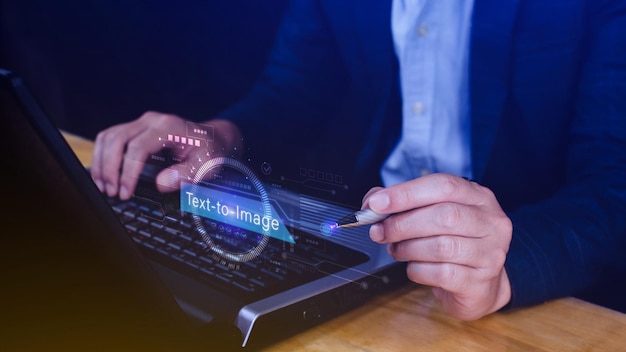 Ai tech Text to image virtual graphic with AI Artificial Intelligence using command prompt for generates something Futuristic technology transformation