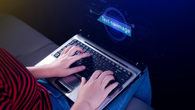 Ai tech Text to image virtual graphic with AI Artificial Intelligence using command prompt for generates something Futuristic technology transformation