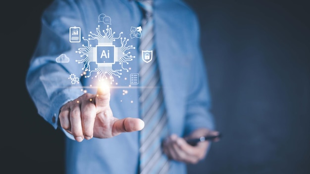 Ai technology Artificial Intelligence man using technology smart robot AI artificial intelligence by enter command prompt for generates something Futuristic technology transformation Chat with AI