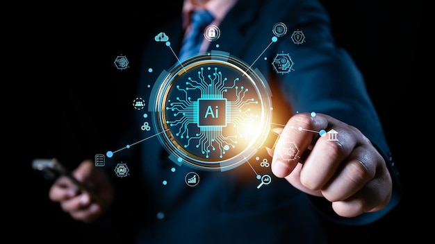 Ai technology Artificial Intelligence man using technology smart robot by enter command prompt