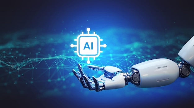 AI technology concept with robot hand holding a AI chip