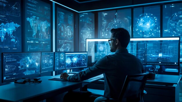 ai technology development with engineer and multiple screens