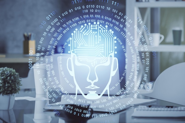 Aivojen piirroksen ja toimiston sisätilan taustan kaksoisvalotus. Datateknologian konsepti