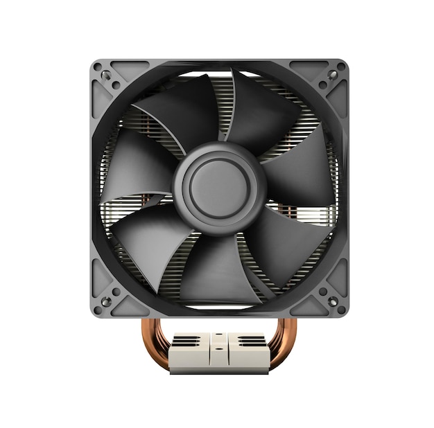 Aktiivinen CPU-jäähdytin, jossa on alumiinirivallinen jäähdytyselementti ja tuuletin, 3d-renderöidä ilman varjoa