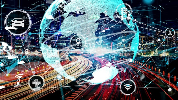 Älykkään liikenteen teknologian konsepti tulevaisuuden autoliikenteelle uudella kaupunkitiellä