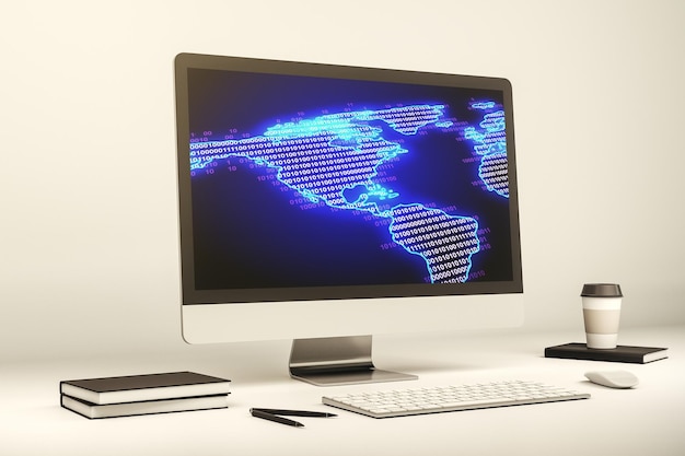 Amerikan kartta modernissa tietokoneen näytössä, big data ja digitaalisen teknologian käsite. 3D-renderointi