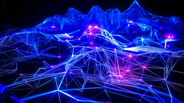 An abstract image of mountain covered in blue and purple lines Generative AI