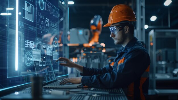 An engineer in a hightech manufacturing setting is programming or operating advanced automated machinery using a digital interface