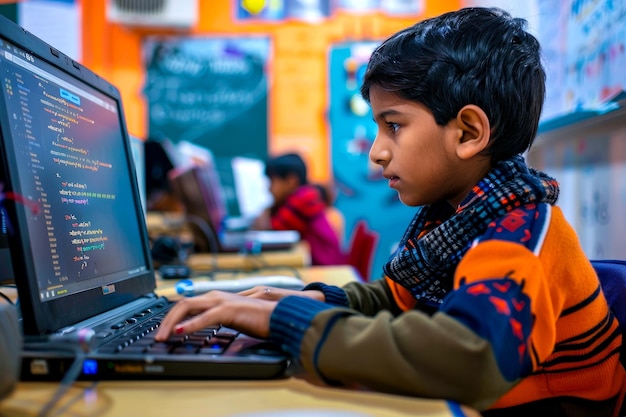 An Indian boy participating in a librarysponsored coding workshop learning programming languages and computer science concepts through interactive activities and handson coding projects