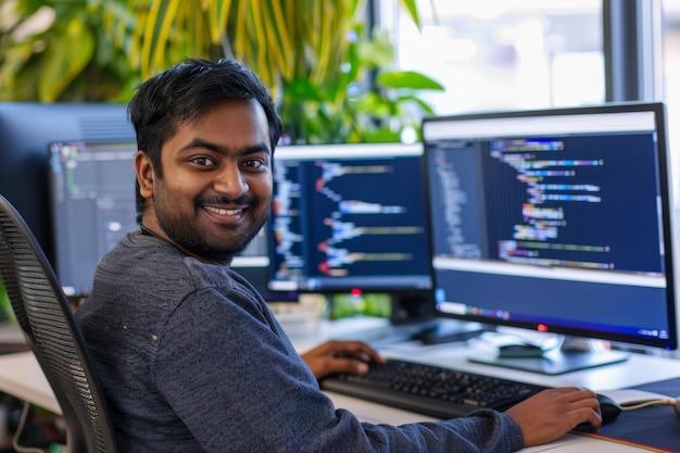 An Indian man is smiling while debugging code on two computer monitors A smiling Indian man debugging code on multiple computer screens