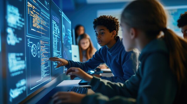 An IT lesson in a hightech classroom students working on computers learning about cybersecurity and coding a teacher guiding them interactive digital boards displaying code and diagrams a