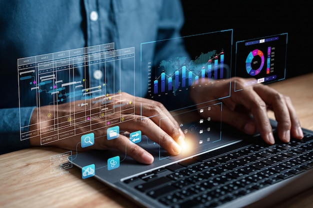 Analyst working with computer in Business Analytics and Data Management System to make report with KPI and metrics connected to database