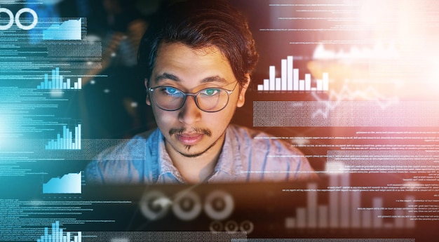 Analytics database and double exposure with programmer man in office at night for coding or encryption Computer language face and glasses with asian coder at work on 3D screen for development