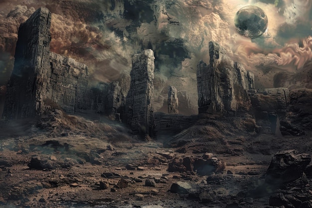 Ancient ruins of a forgotten civilization stand tall in a desolate moonlit landscape
