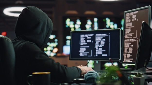 Anonymous hacker breaking cybersecurity dark room closeup cybercriminal reading