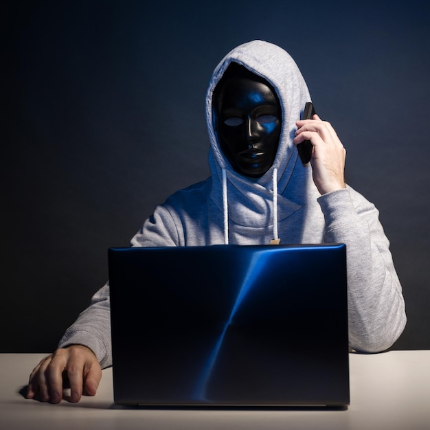 Anonymous hacker in mask programmer uses a laptop and talking on the phone to hack the system in the dark The concept of cybercrime and hacking database