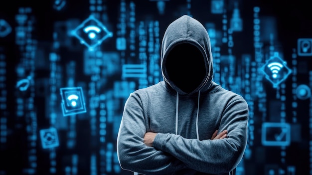 Anonymous hooded figure with arms crossed against a digital background