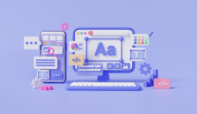 Application and website platform development on pc and phone UIUX design user interface website building software development internet website create coding programing 3d render illustration