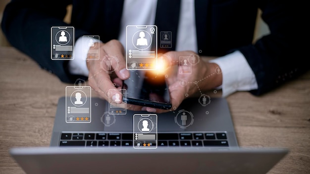 application specialist search service concept with virtual cards with rating