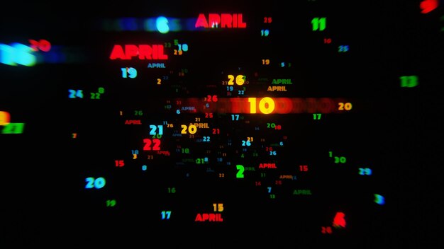 April Calendar Dates in Vibrant Neon Colors on Dark Background