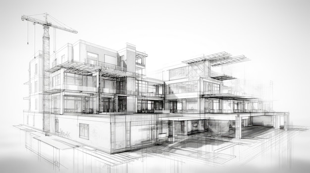 Architectural sketch of a modern building under construction with visible scaffolding and a crane