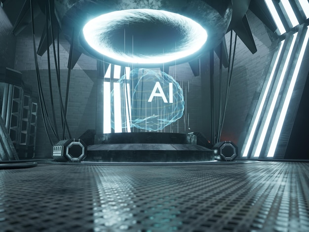 Artificial Intelligence 3d development, machine deep learning with coding process and neural network on circuit board. AI brain cloud computing, startup big data technology. 3d render animation.
