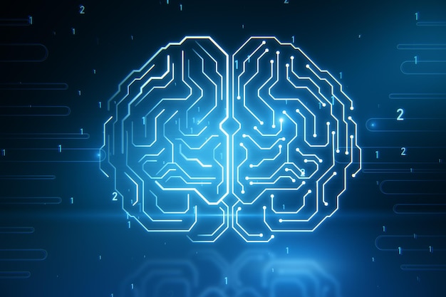Artificial intelligence and smart tech concept with front view on digital glowing microcircuit in form of human brain on abstract blue technological background with 1 and 2 numbers 3D rendering