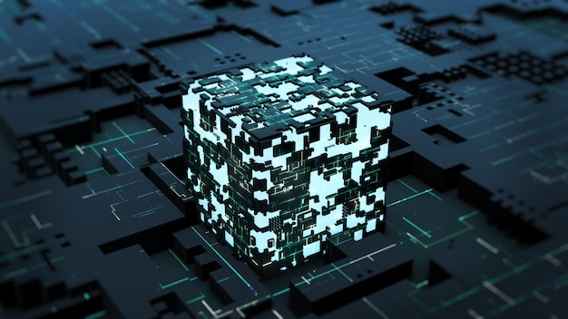 Artificial intelligence concept Electric print circuit board with data traffic light on dark Artificial Intelligence digitalization of neural networking Digital Lines Move Data 3D rendering