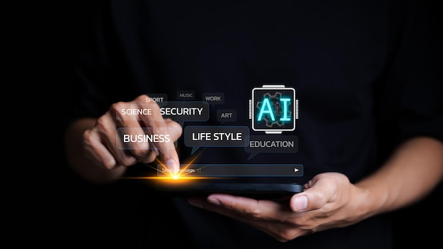 Artificial Intelligence Concept Man use ai to help work or use AI in everyday life at home Ai Learning and Artificial Intelligence Business modern technology Generative ai Machine learning