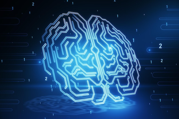 Artificial intelligence data mining machine and deep learning concept with digital glowing microcircuit in form of human brain on abstract blue technological background 3D rendering