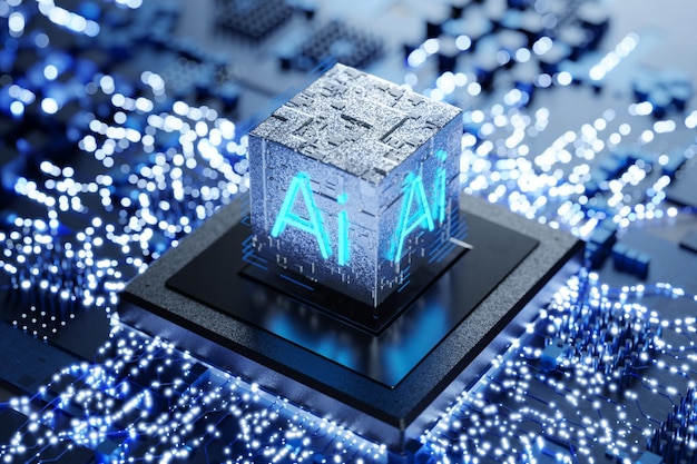Artificial intelligence microprocessor Training a neural network Artificial intelligence concept Artificial intelligence training Neurochip Neuro interface 3D render