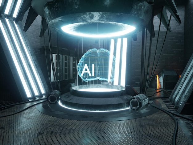 Artificial intelligence technology of AI revolution in the coding process with dataset and internet of things, machine deep learning. Cloud computing neural network. 3d render animation.