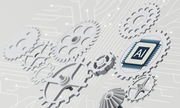 Artificial intelligence web banner of a processor chip The process of data processing Developments in modern technologies Microcircuits on neon glowing background 3D rendering